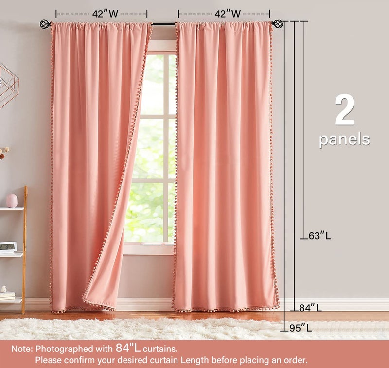 Treatmentex Velvet Blush Pink Curtains for Windows 63" Decorative Pom Pom Fringe Window Curtain Set for Girls Room Cotton Feel Soft, 1 Pair Coral - Image 5